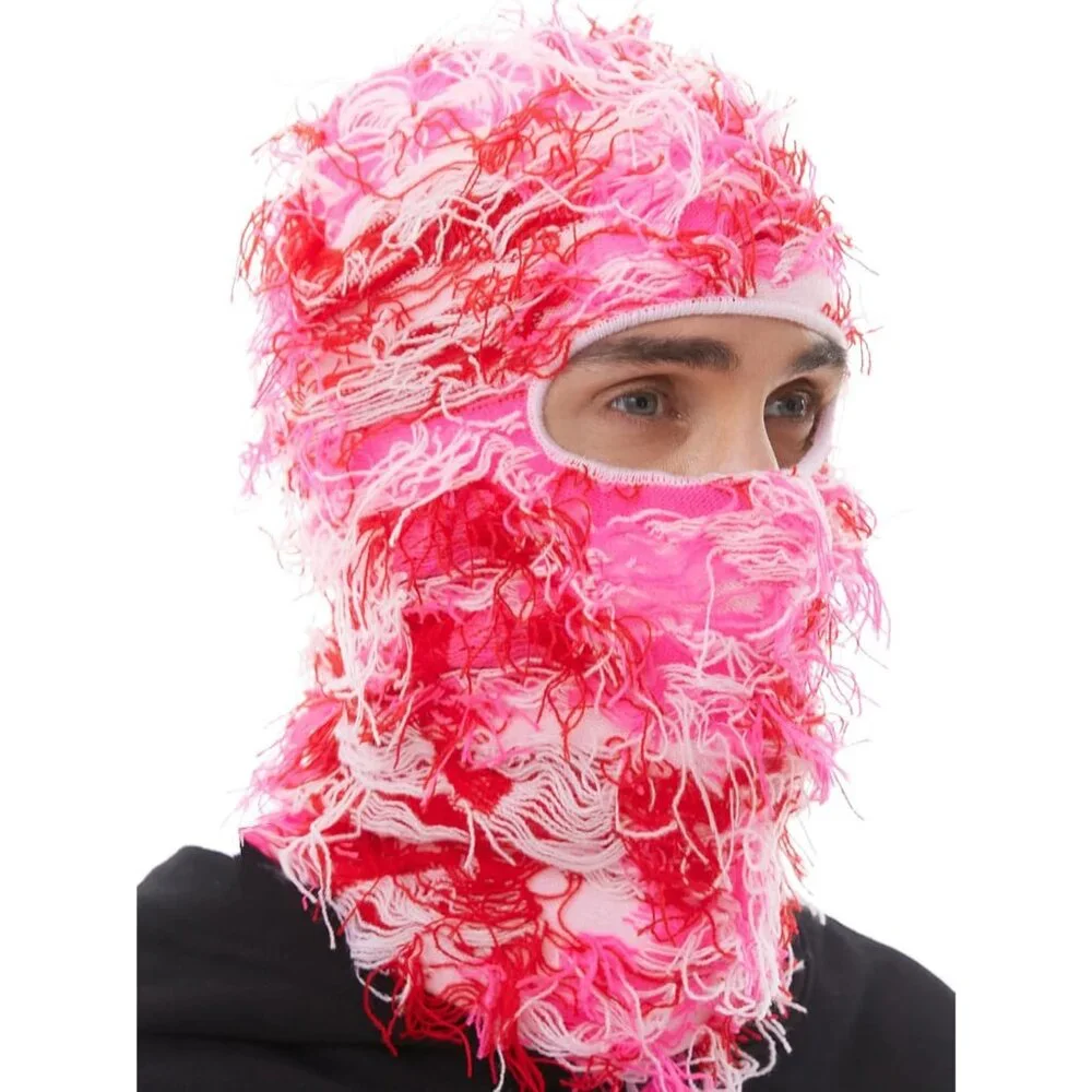 Distressed Ski Mask Balaclava Pink Mixed Acrylic Fuzzy Face Mask for Men Women